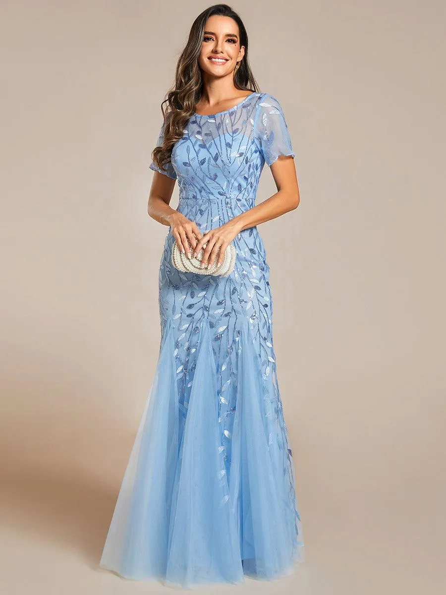 Robes de soirée Longues Sirène en Tulle à Imprimé Floral et Paillettes