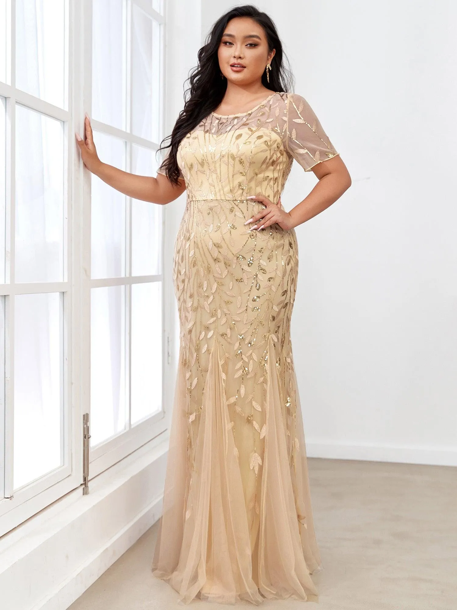 Robes de soirée Longues Sirène en Tulle à Imprimé Floral et Paillettes