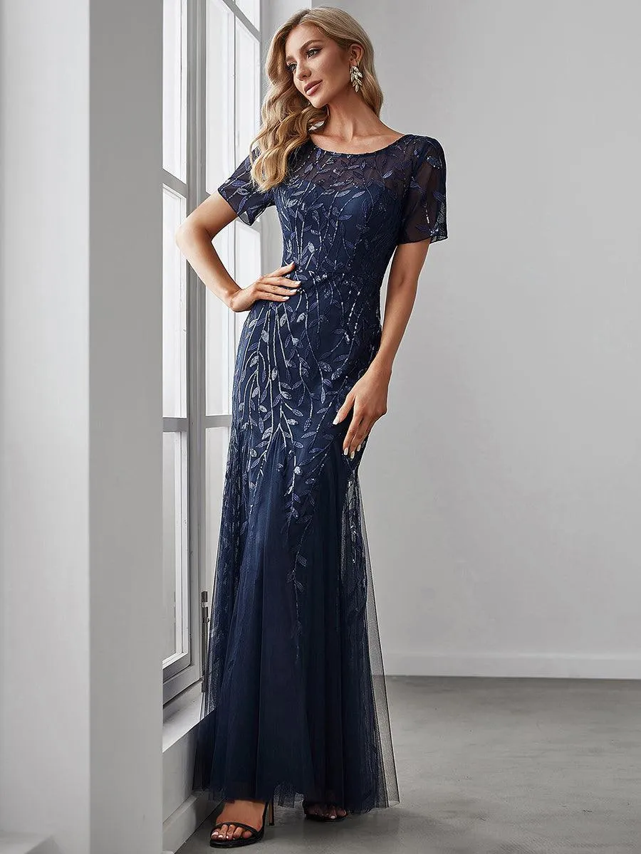 Robes de soirée Longues Sirène en Tulle à Imprimé Floral et Paillettes