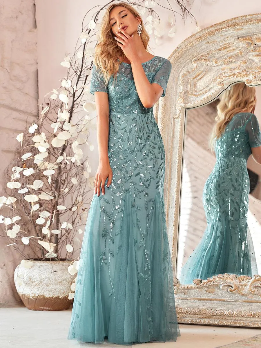 Robes de soirée Longues Sirène en Tulle à Imprimé Floral et Paillettes