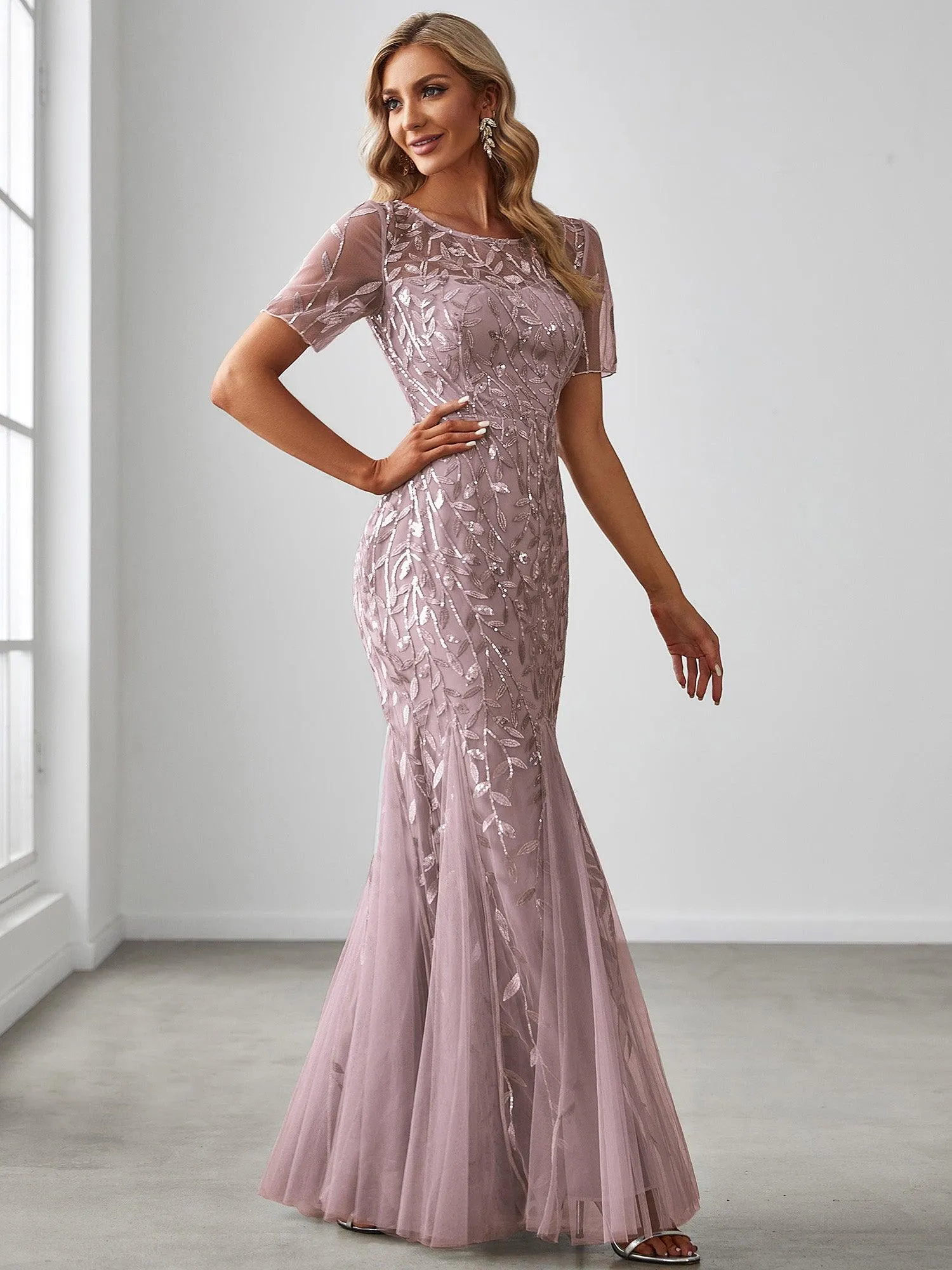 Robes de soirée Longues Sirène en Tulle à Imprimé Floral et Paillettes