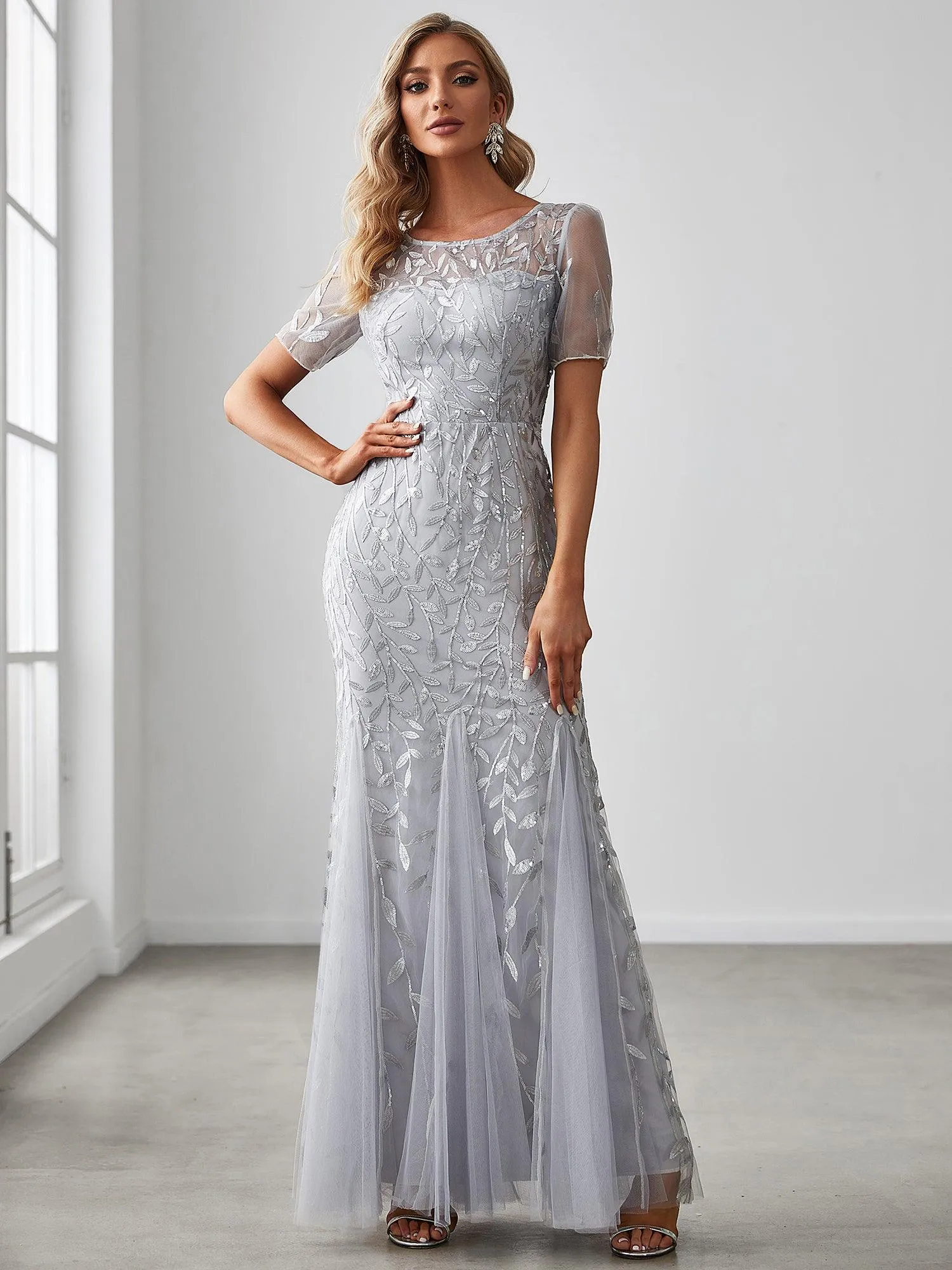 Robes de soirée Longues Sirène en Tulle à Imprimé Floral et Paillettes
