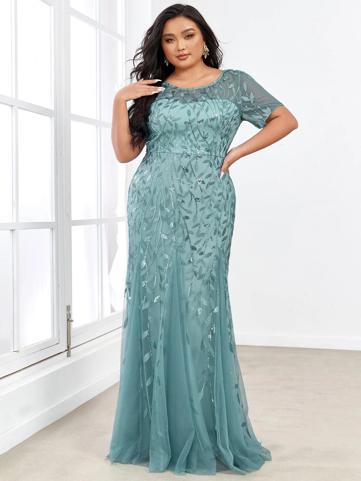 Robes de soirée Longues Sirène en Tulle à Imprimé Floral et Paillettes