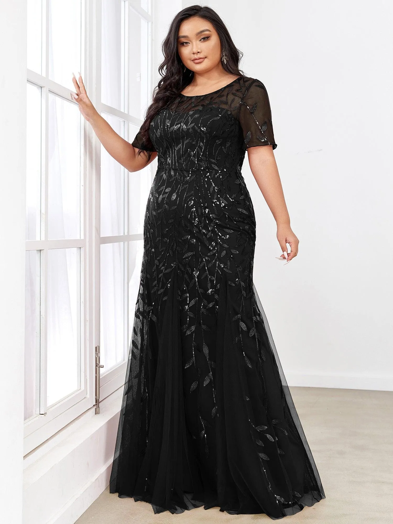 Robes de soirée Longues Sirène en Tulle à Imprimé Floral et Paillettes