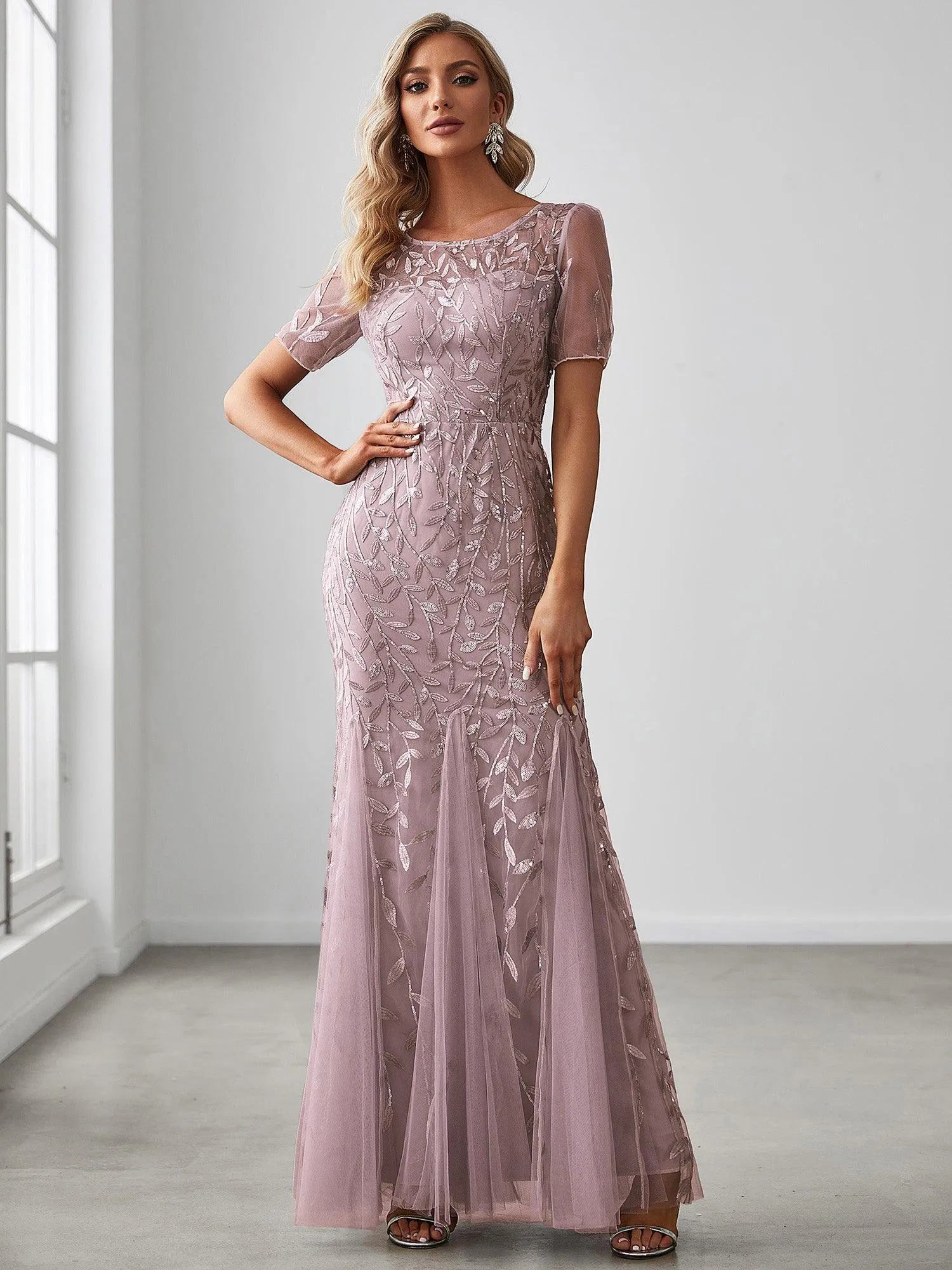 Robes de soirée Longues Sirène en Tulle à Imprimé Floral et Paillettes