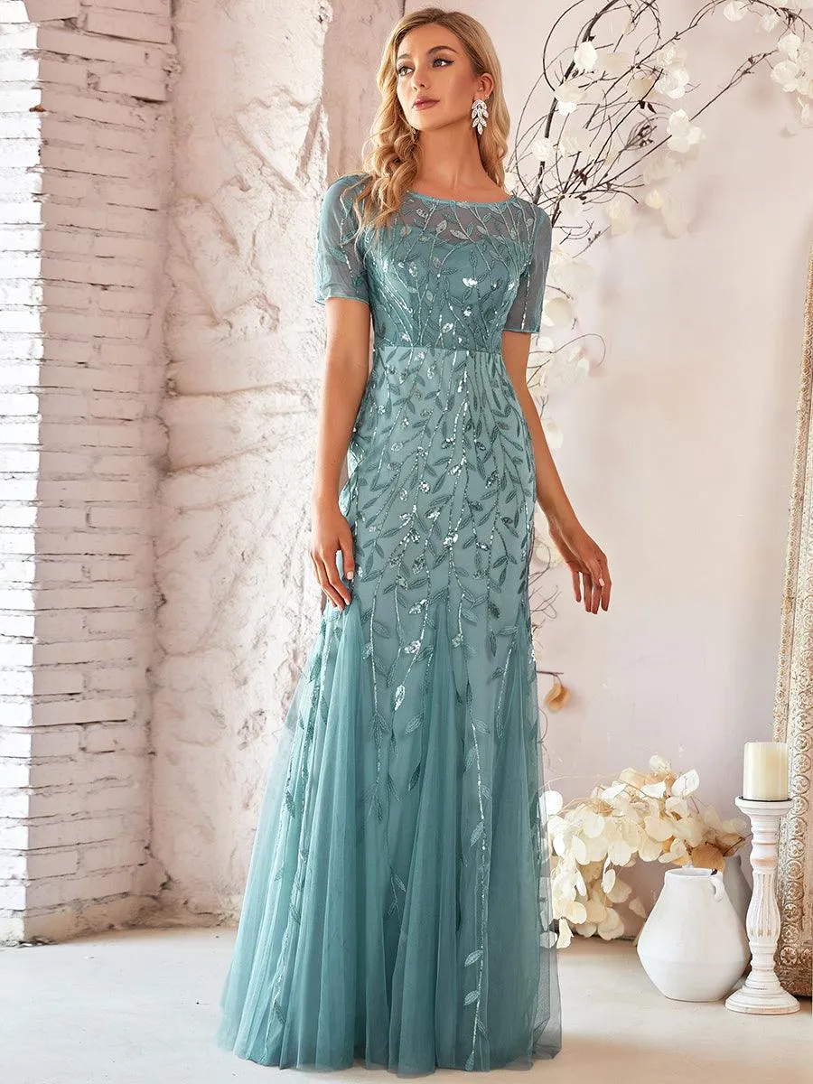 Robes de soirée Longues Sirène en Tulle à Imprimé Floral et Paillettes