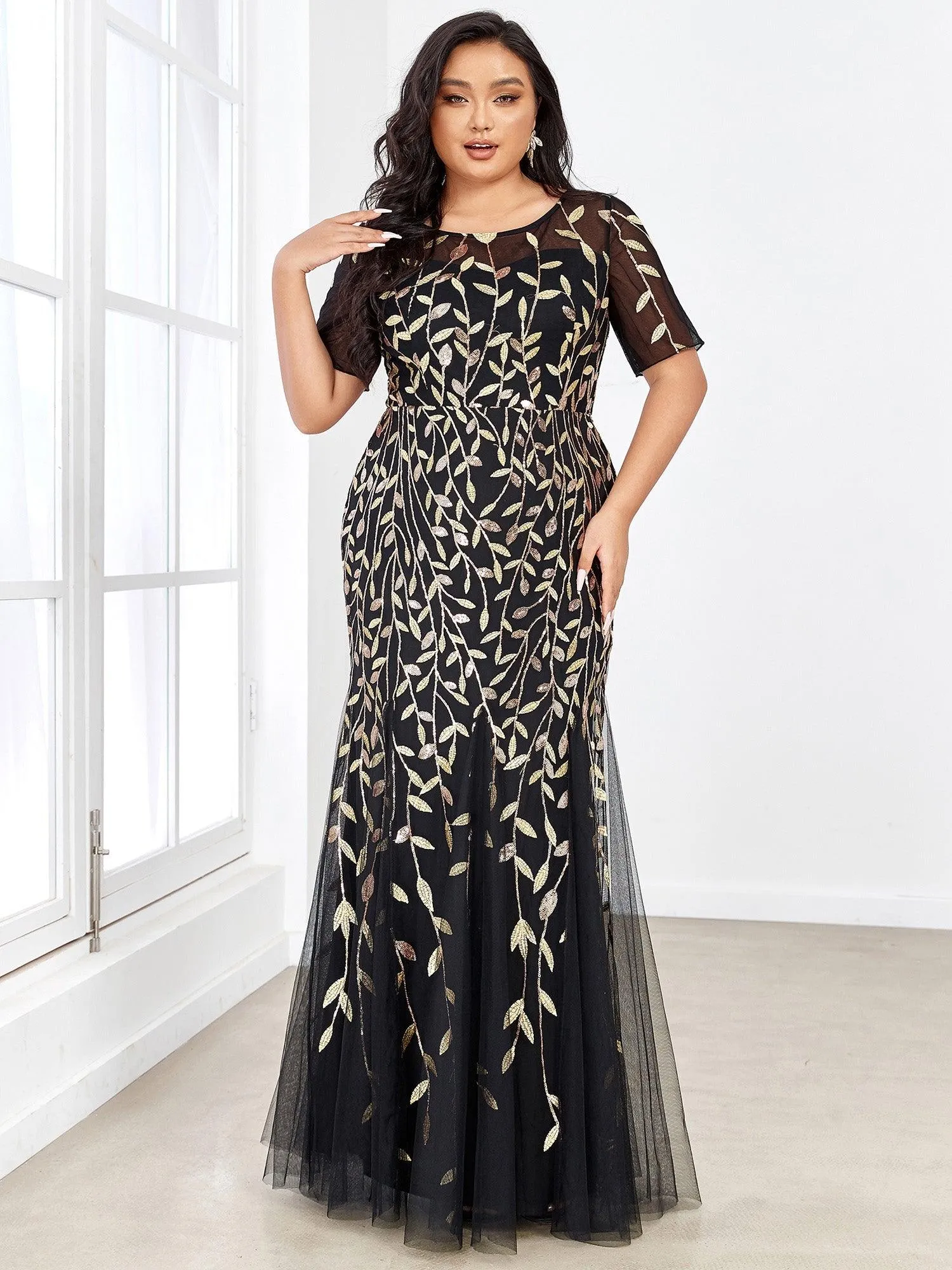 Robes de soirée Longues Sirène en Tulle à Imprimé Floral et Paillettes
