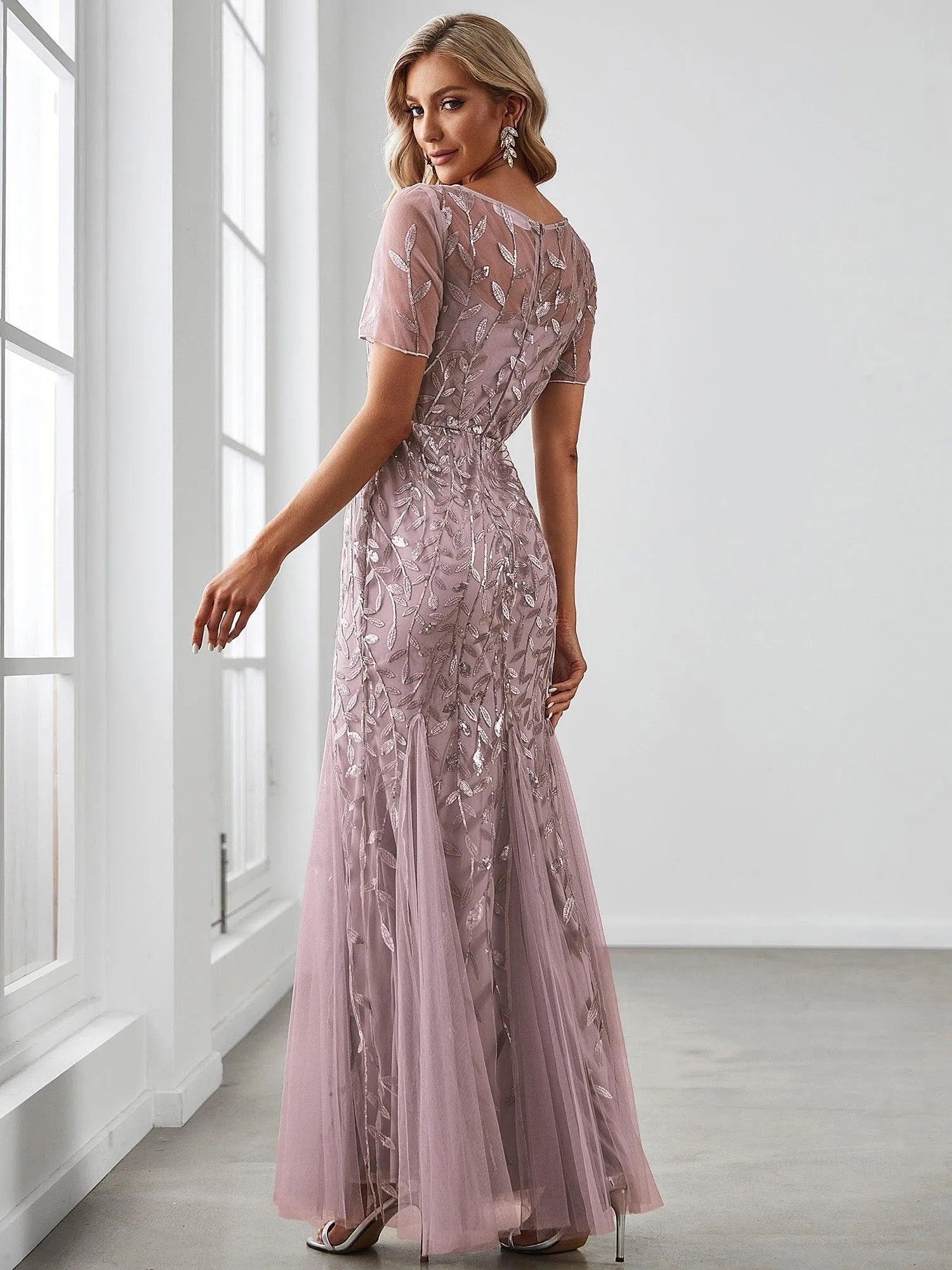 Robes de soirée Longues Sirène en Tulle à Imprimé Floral et Paillettes