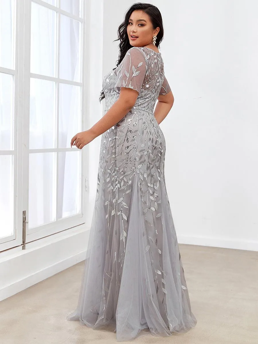 Robes de soirée Longues Sirène en Tulle à Imprimé Floral et Paillettes