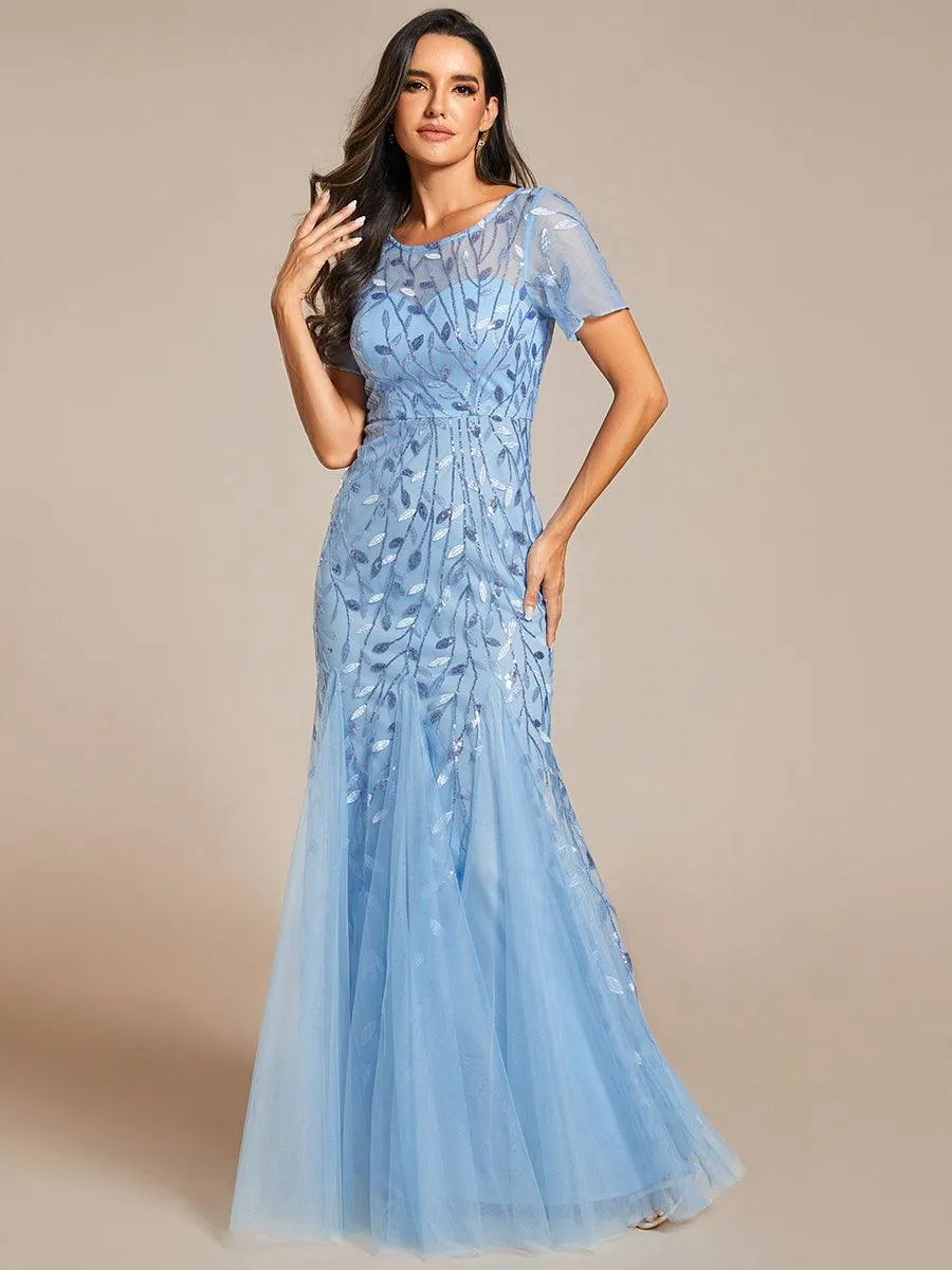 Robes de soirée Longues Sirène en Tulle à Imprimé Floral et Paillettes