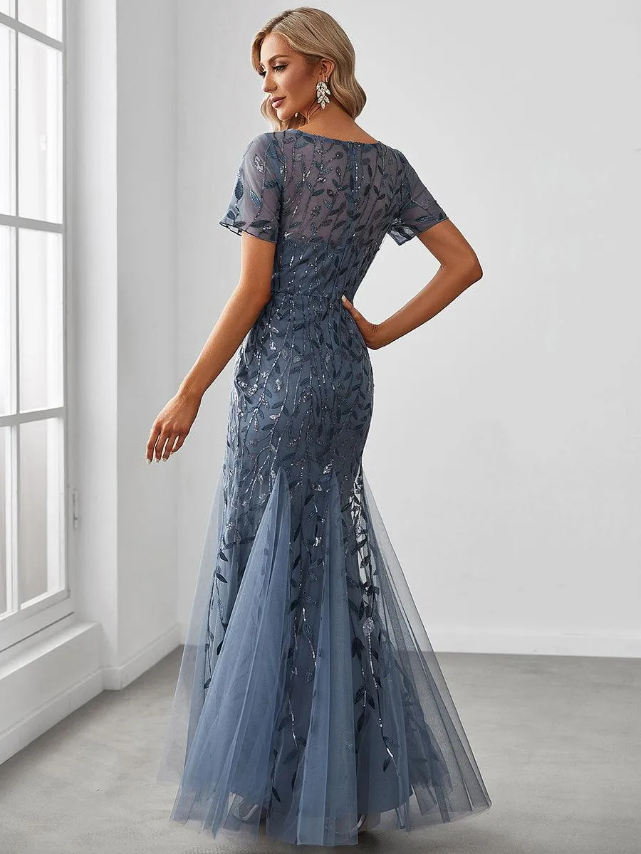 Robes de soirée Longues Sirène en Tulle à Imprimé Floral et Paillettes