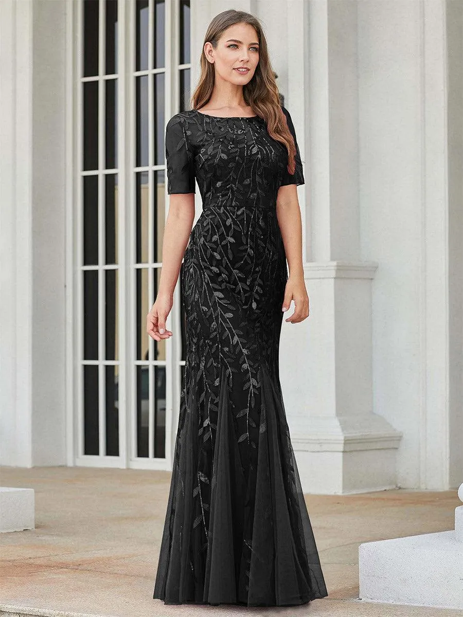 Robes de soirée Longues Sirène en Tulle à Imprimé Floral et Paillettes