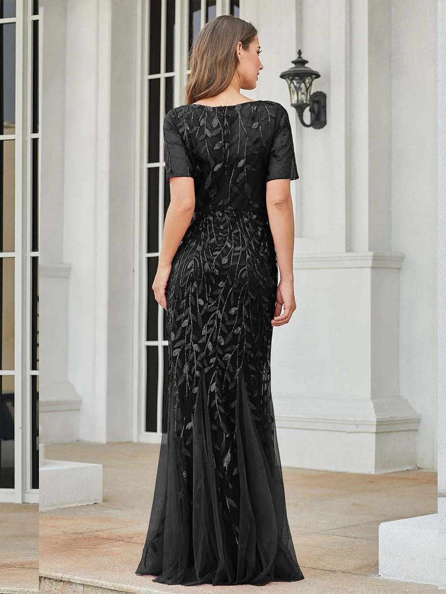 Robes de soirée Longues Sirène en Tulle à Imprimé Floral et Paillettes