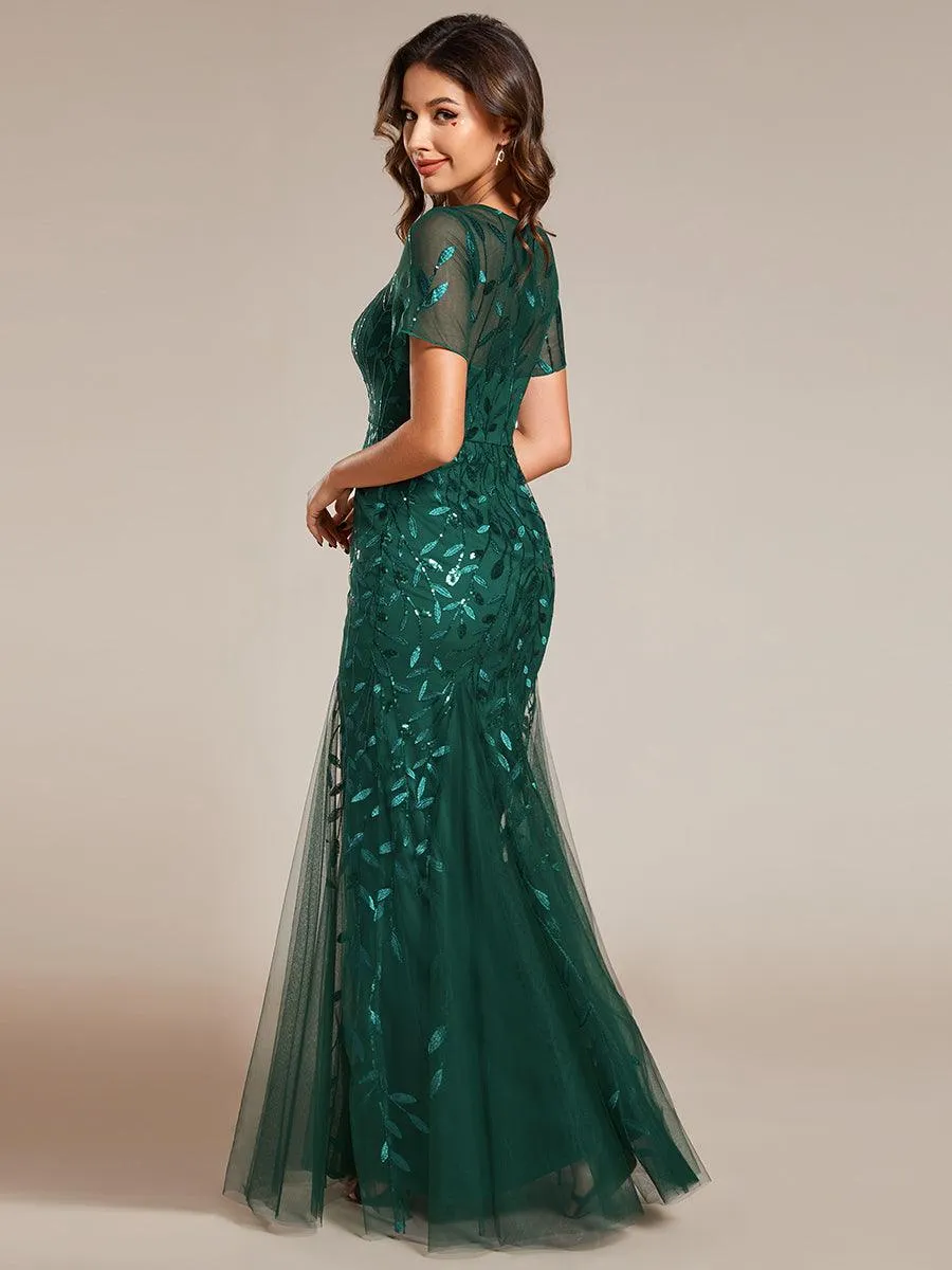 Robes de soirée Longues Sirène en Tulle à Imprimé Floral et Paillettes