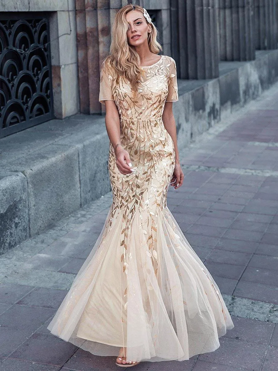 Robes de soirée Longues Sirène en Tulle à Imprimé Floral et Paillettes