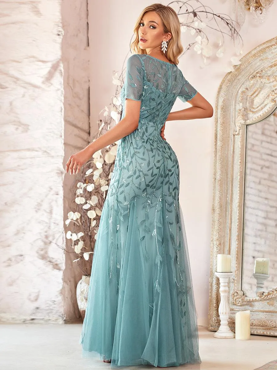 Robes de soirée Longues Sirène en Tulle à Imprimé Floral et Paillettes
