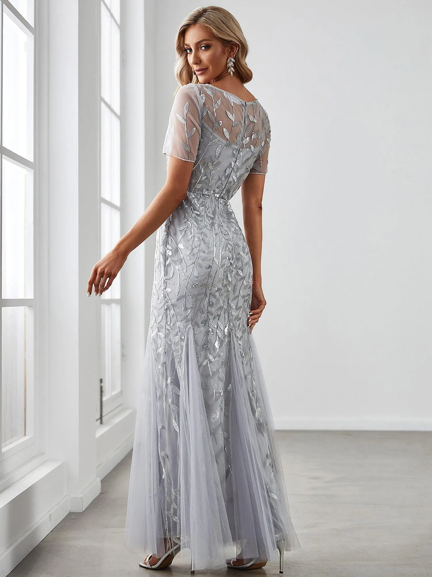 Robes de soirée Longues Sirène en Tulle à Imprimé Floral et Paillettes