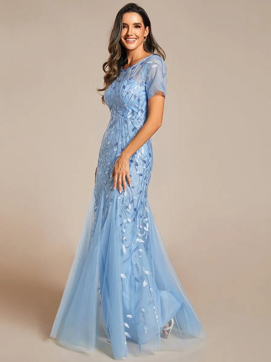 Robes de soirée Longues Sirène en Tulle à Imprimé Floral et Paillettes