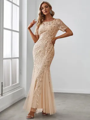 Robes de soirée Longues Sirène en Tulle à Imprimé Floral et Paillettes