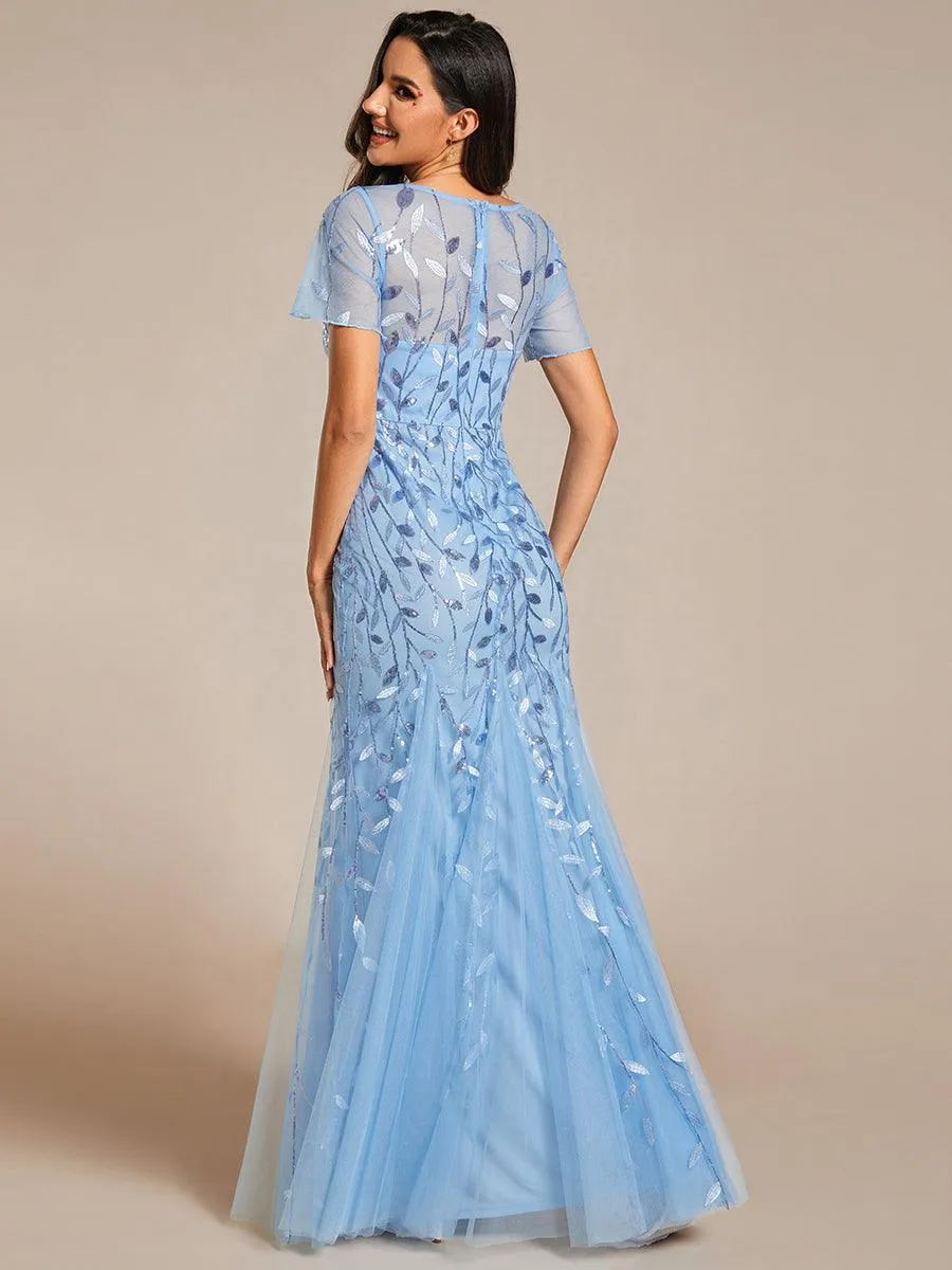 Robes de soirée Longues Sirène en Tulle à Imprimé Floral et Paillettes