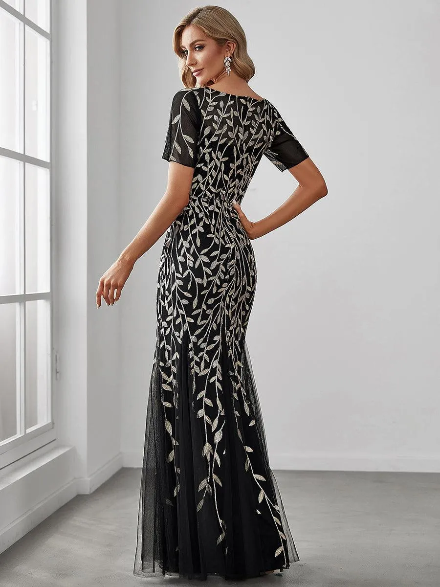 Robes de soirée Longues Sirène en Tulle à Imprimé Floral et Paillettes