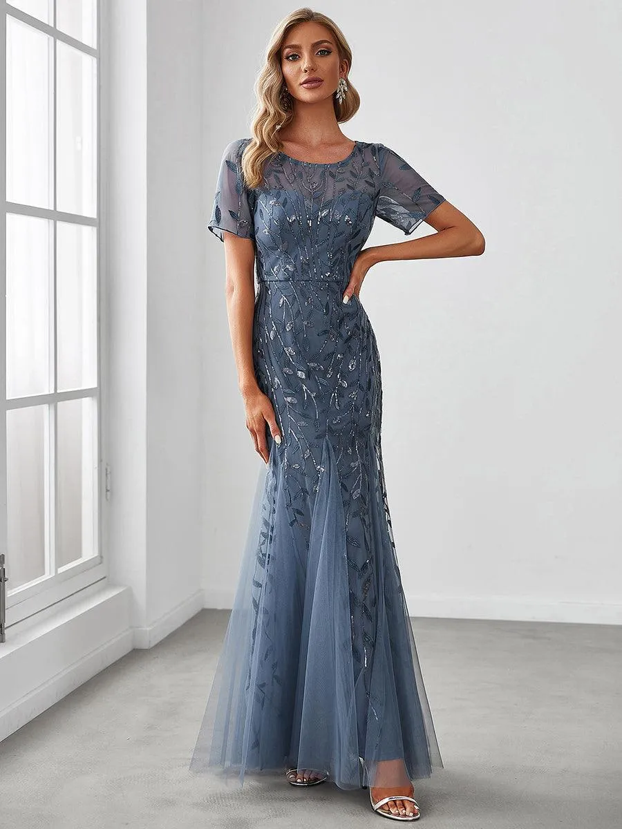 Robes de soirée Longues Sirène en Tulle à Imprimé Floral et Paillettes