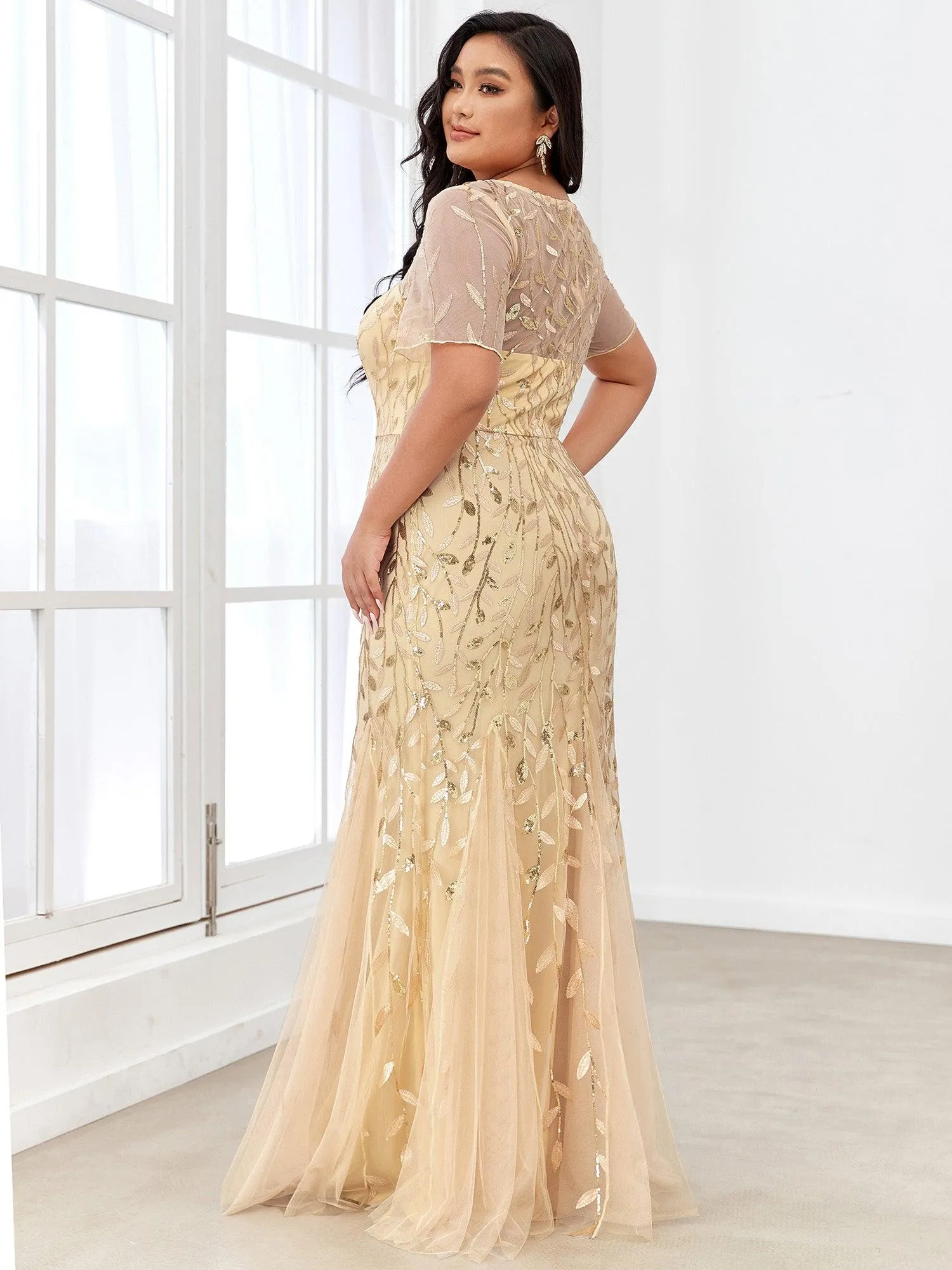 Robes de soirée Longues Sirène en Tulle à Imprimé Floral et Paillettes