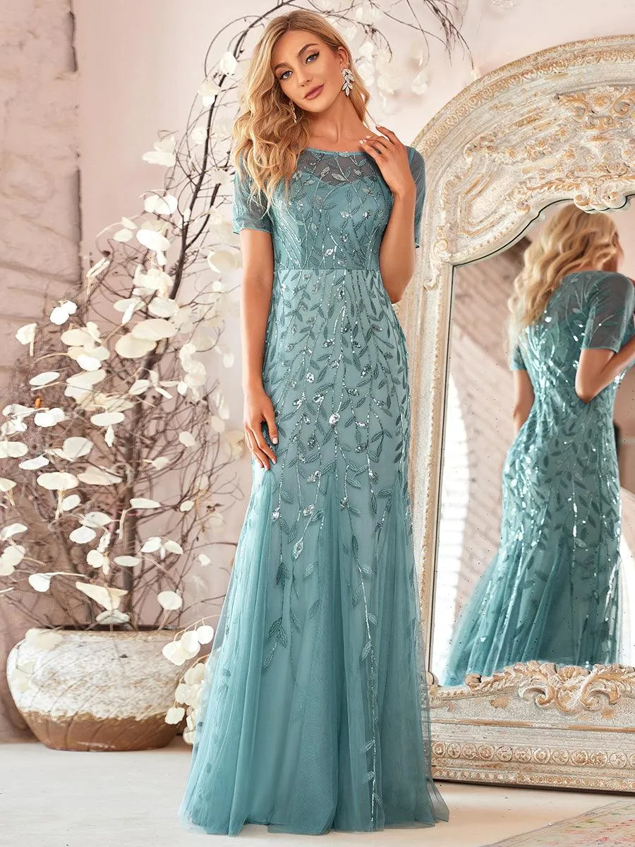 Robes de soirée Longues Sirène en Tulle à Imprimé Floral et Paillettes