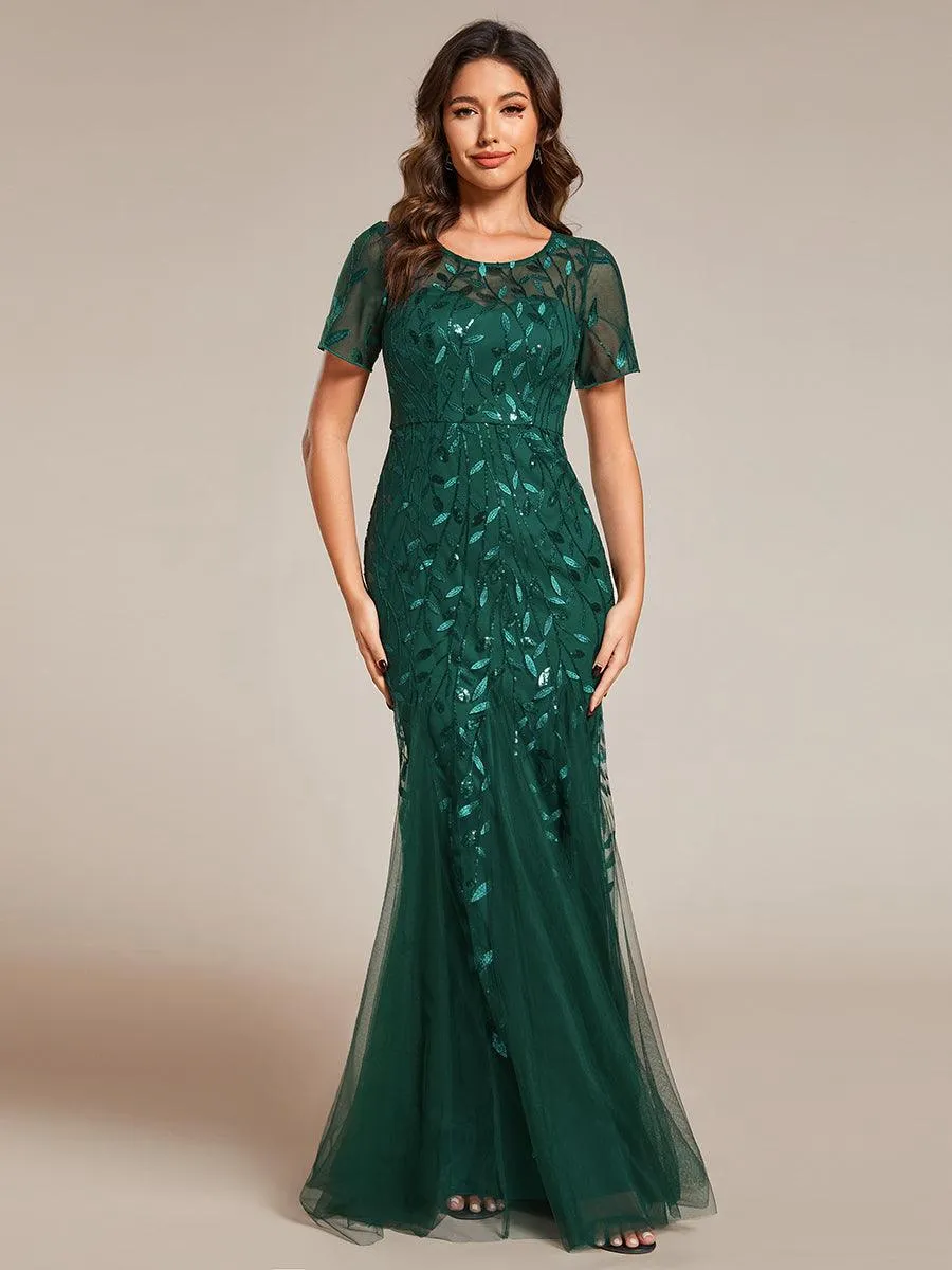 Robes de soirée Longues Sirène en Tulle à Imprimé Floral et Paillettes