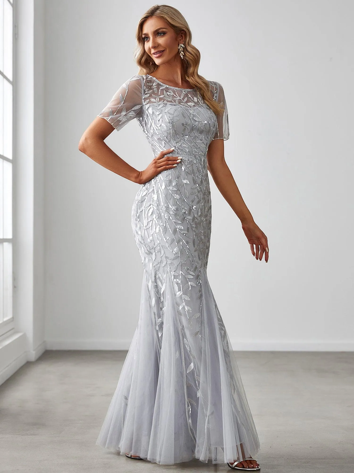 Robes de soirée Longues Sirène en Tulle à Imprimé Floral et Paillettes