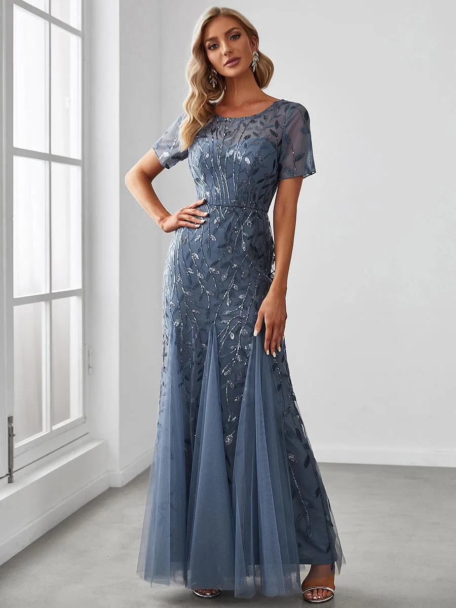 Robes de soirée Longues Sirène en Tulle à Imprimé Floral et Paillettes