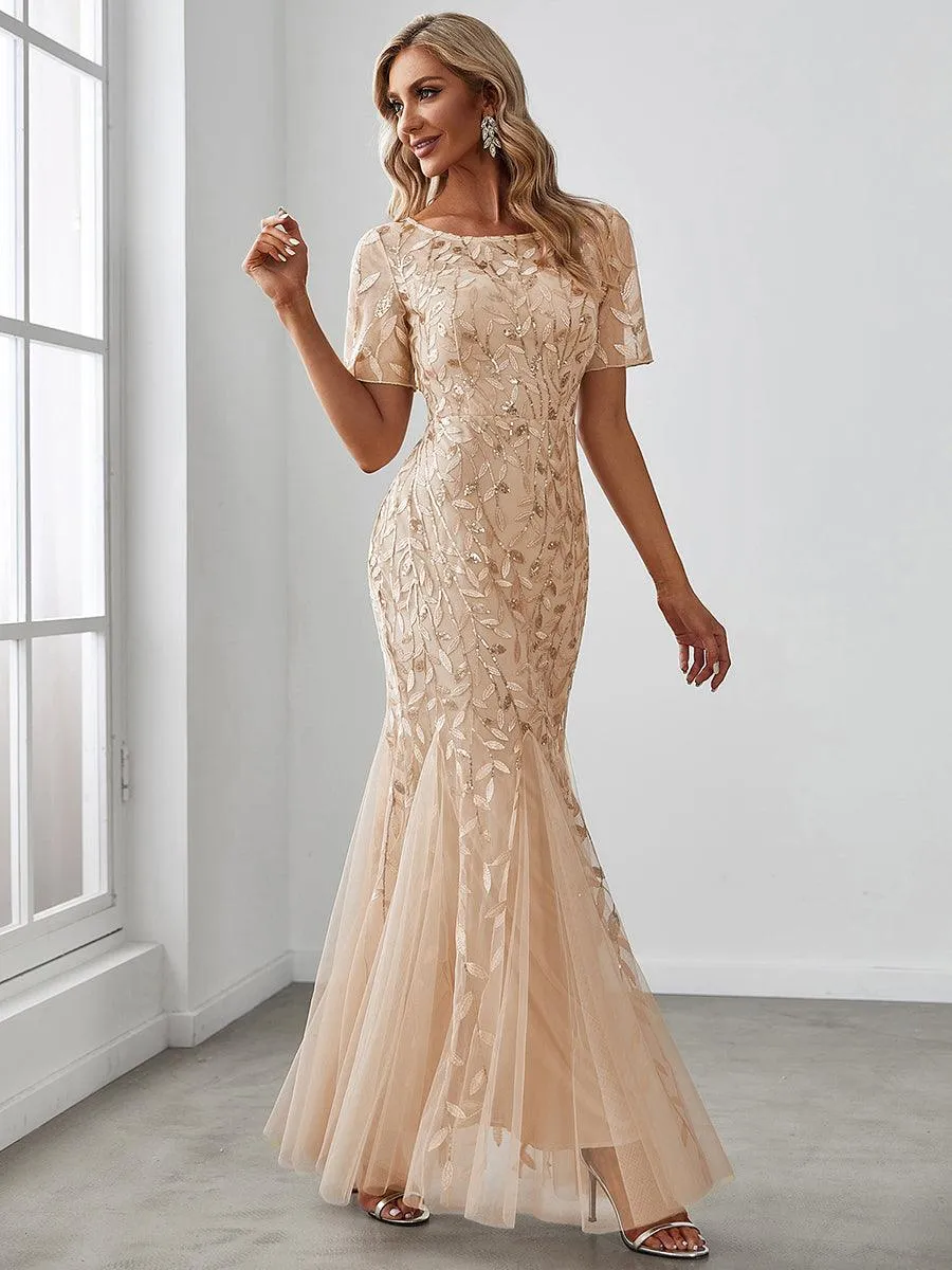 Robes de soirée Longues Sirène en Tulle à Imprimé Floral et Paillettes