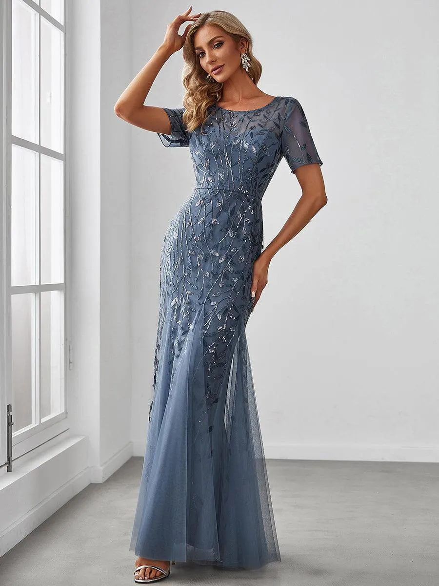Robes de soirée Longues Sirène en Tulle à Imprimé Floral et Paillettes