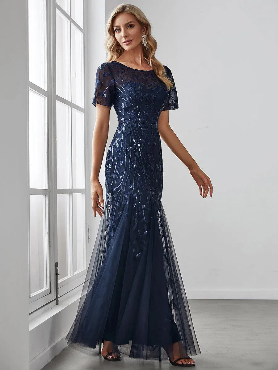 Robes de soirée Longues Sirène en Tulle à Imprimé Floral et Paillettes