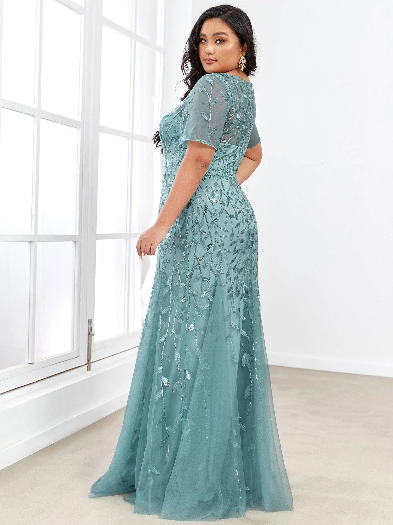 Robes de soirée Longues Sirène en Tulle à Imprimé Floral et Paillettes