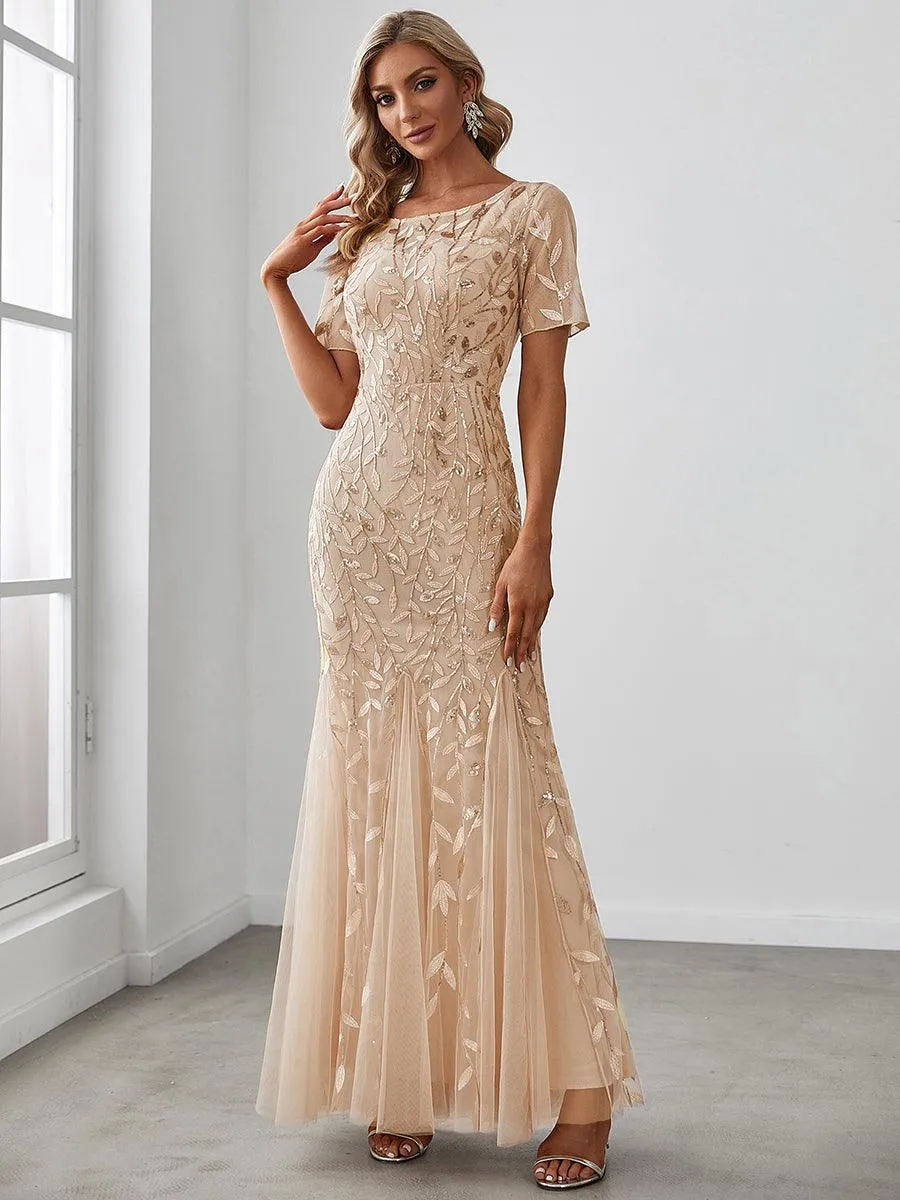 Robes de soirée Longues Sirène en Tulle à Imprimé Floral et Paillettes
