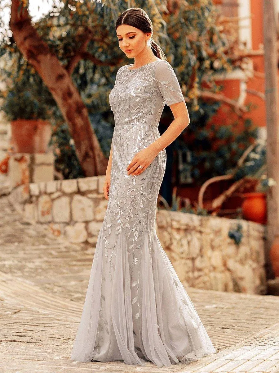 Robes de soirée Longues Sirène en Tulle à Imprimé Floral et Paillettes