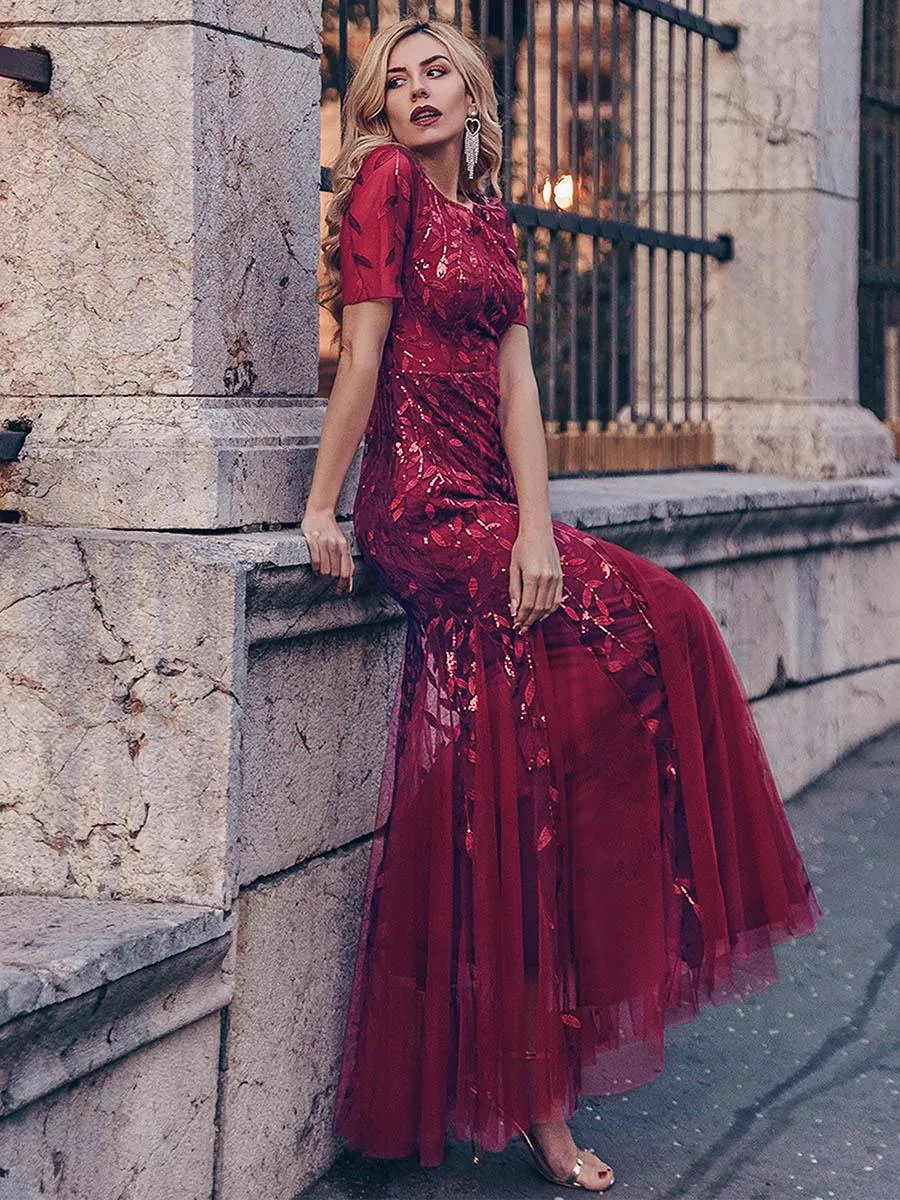 Robes de soirée Longues Sirène en Tulle à Imprimé Floral et Paillettes