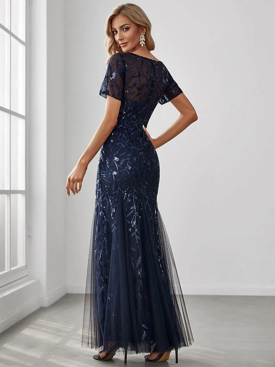 Robes de soirée Longues Sirène en Tulle à Imprimé Floral et Paillettes