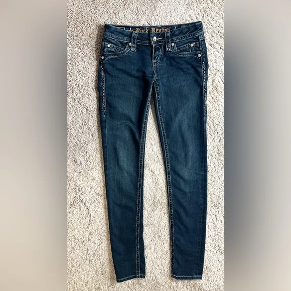 Rock Revival Jeans size 25 Womens Skinny Embellished Sequin Rhinestone Dark Blue