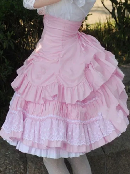 Rococo Lolita Skirt SK Cotton Lace Patch Ribbons Layered Ruffles Pleated A Line Lolita Skirt