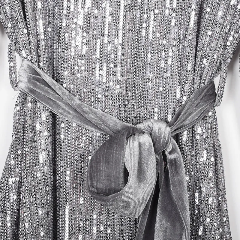 Round Collar Lantern Sleeve Sequin Puff Sleeve Mini Dresses Silver