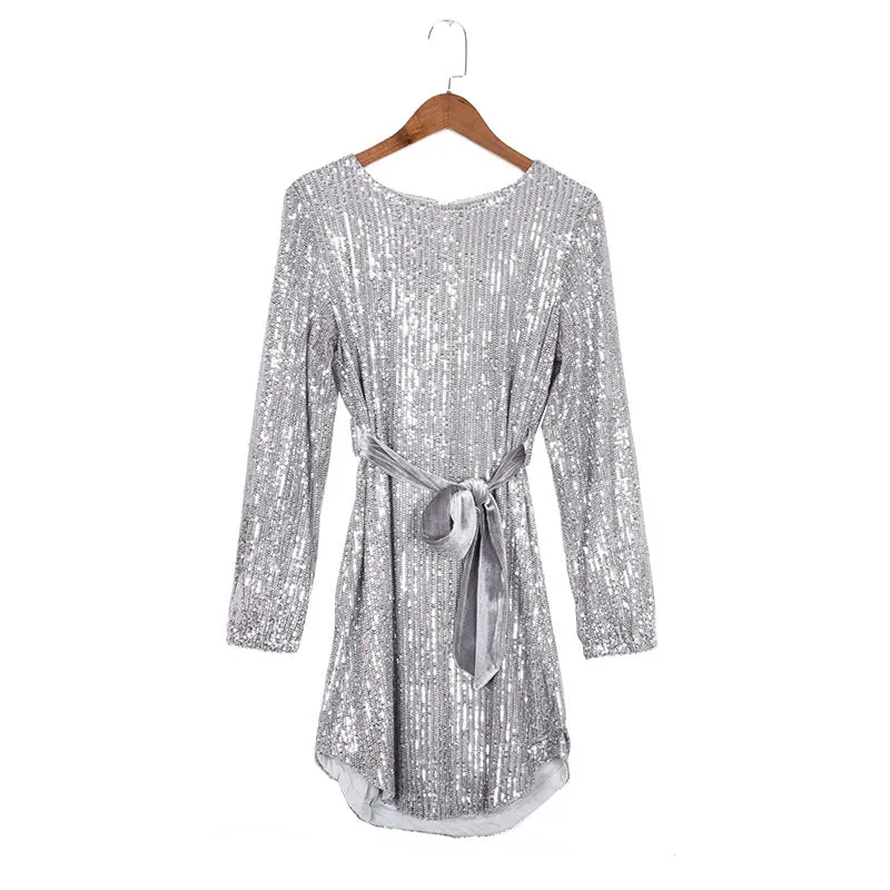 Round Collar Lantern Sleeve Sequin Puff Sleeve Mini Dresses Silver