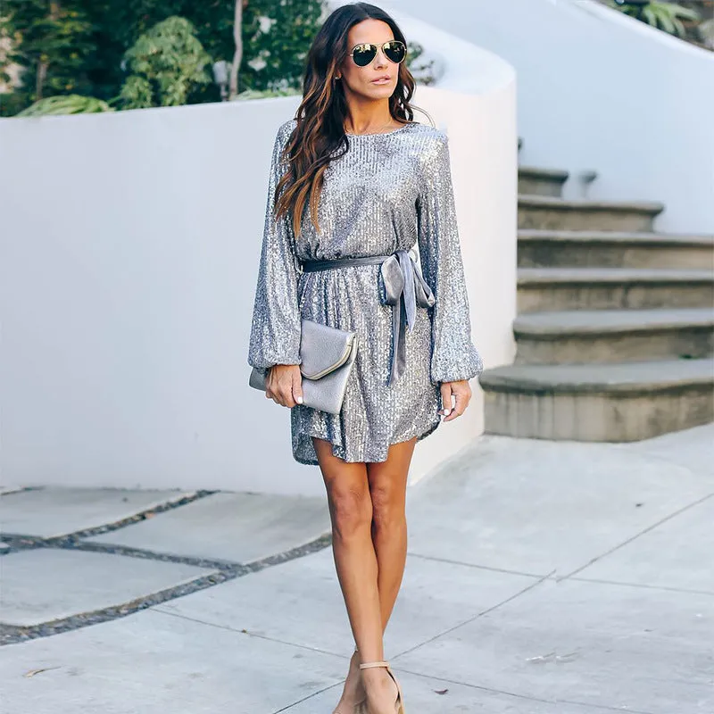 Round Collar Lantern Sleeve Sequin Puff Sleeve Mini Dresses Silver