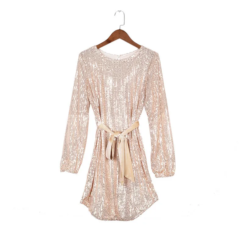 Round Collar Lantern Sleeve Sequin Puff Sleeve Mini Dresses Silver