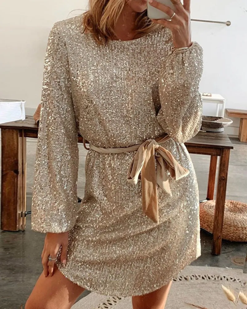 Round Collar Lantern Sleeve Sequin Puff Sleeve Mini Dresses Silver