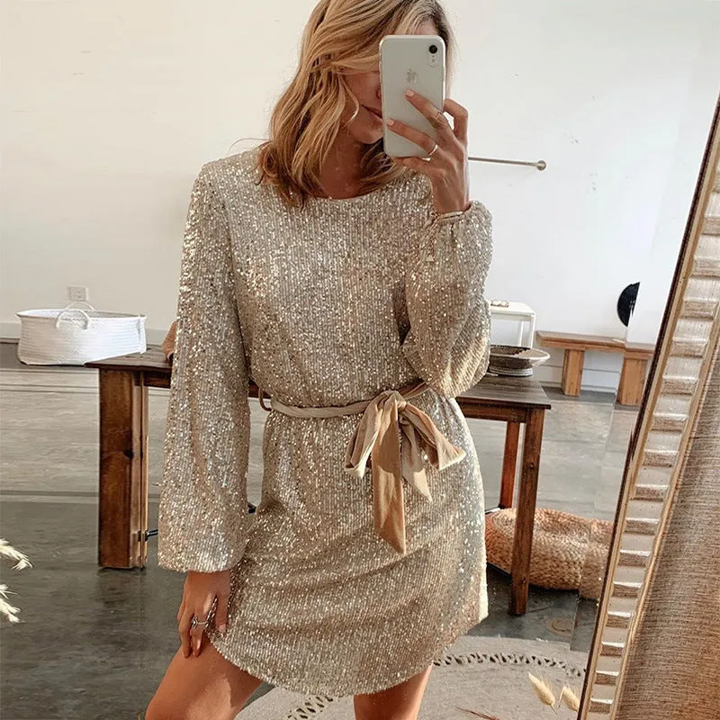Round Collar Lantern Sleeve Sequin Puff Sleeve Mini Dresses Silver