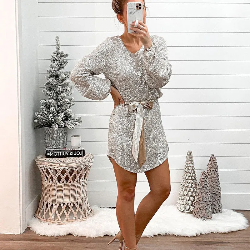 Round Collar Lantern Sleeve Sequin Puff Sleeve Mini Dresses Silver
