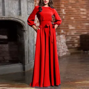 Round Neck Casual Long Dress Beautiful Retro Three Seasons Sleeve Dress Women's Clothing