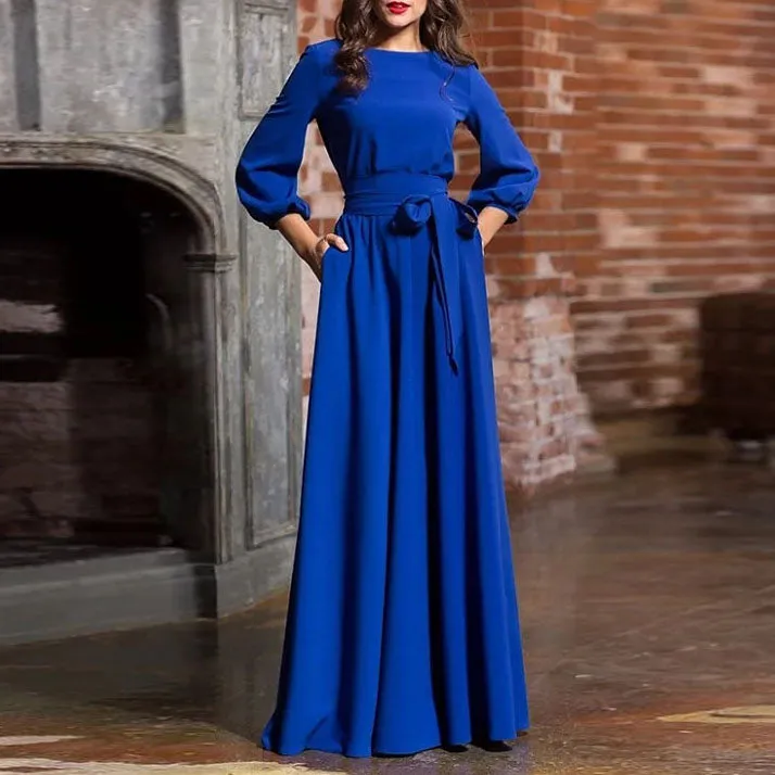 Round Neck Casual Long Dress Beautiful Retro Three Seasons Sleeve Dress Women's Clothing